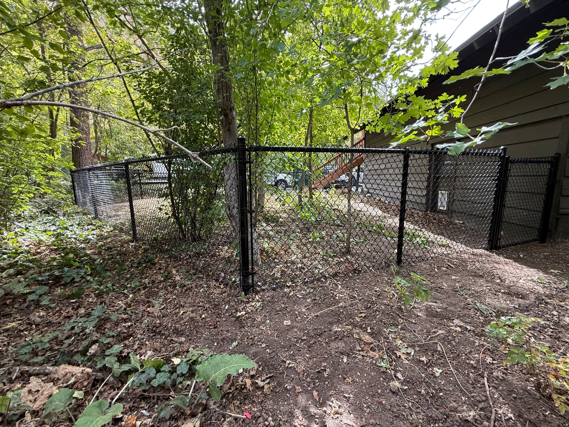 Black chain link fence installed in a wooded Utah backyard